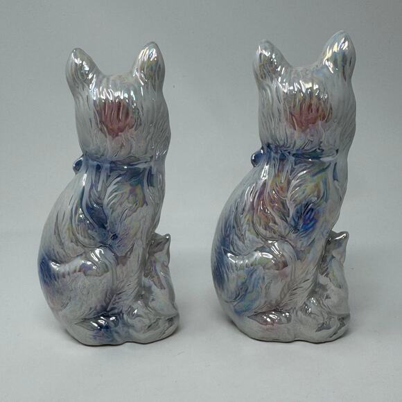 Vintage Pearl Lustreware Porcelain Pink & Blue Cat with Kitten Statue Set of 2 - Picture 3 of 9